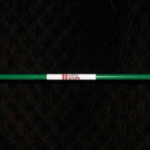 A green stick with red and white writing on it.